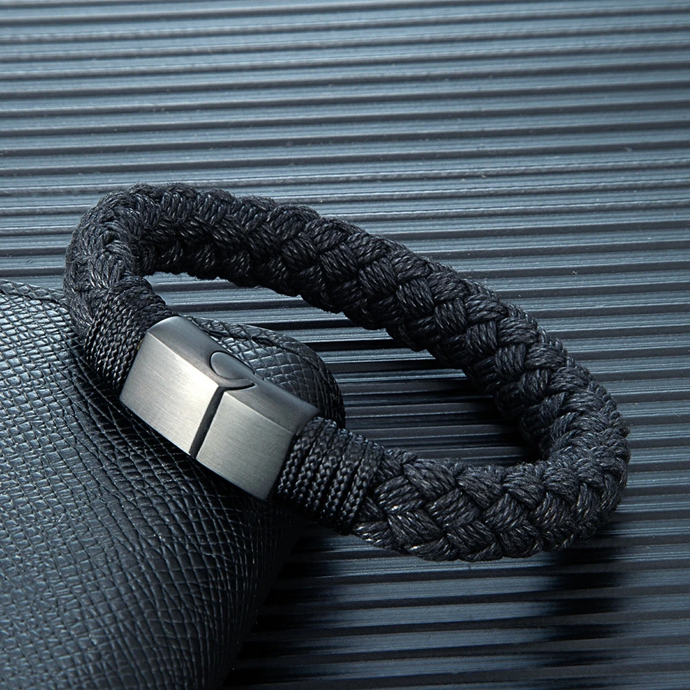 MKENDN Nautical Style Wide Rope Bracelet Fashion Men Stainless Steel Adjustable Shackle Clasp Wrap Bangles Handmade Jewelry Gift