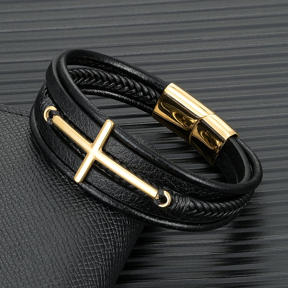 MKENDN Punk Style Multicolor Cross Bracelet Stainless Steel Men's Multilayer Leather Hand-woven Jewelry New Year Gifts