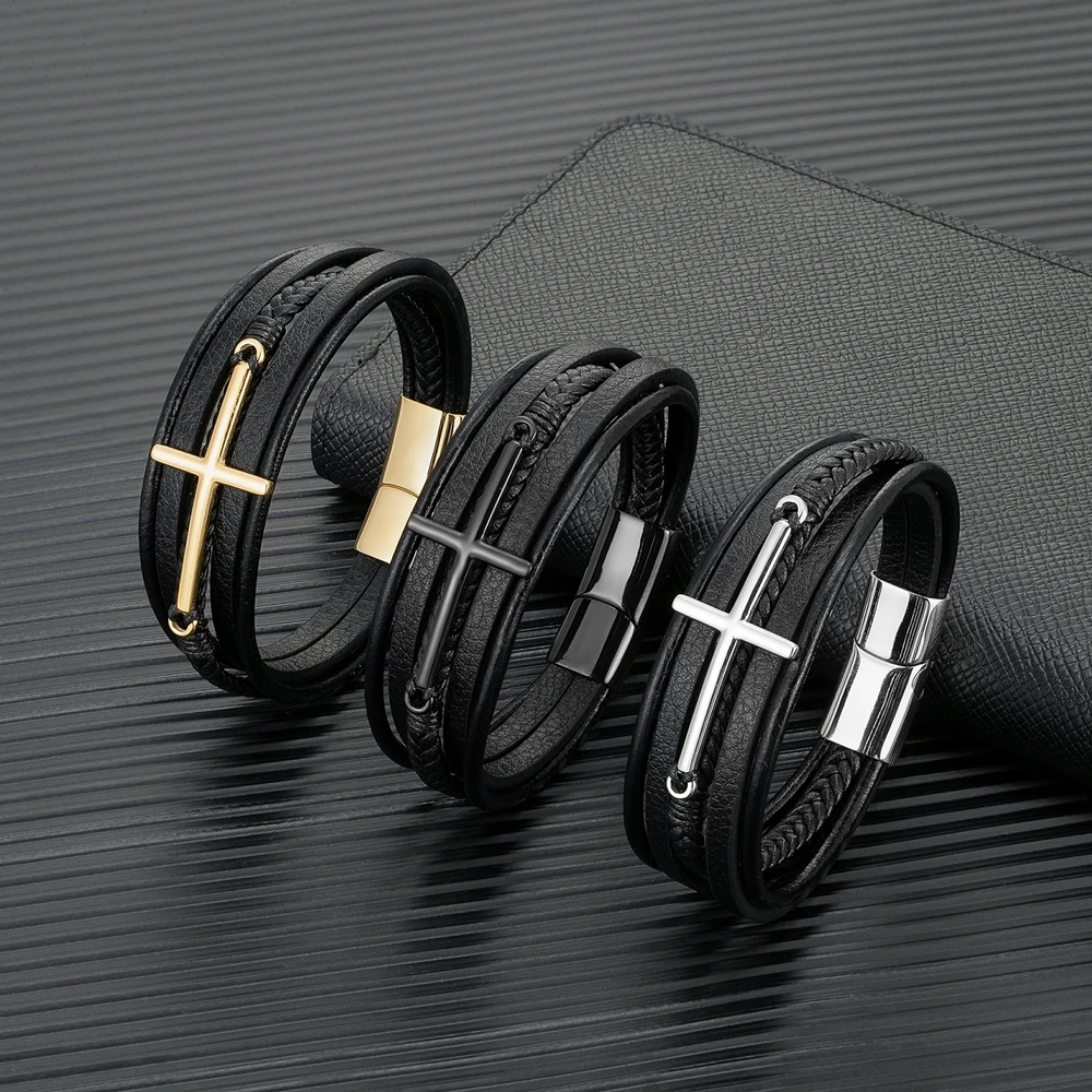 MKENDN Punk Style Multicolor Cross Bracelet Stainless Steel Men's Multilayer Leather Hand-woven Jewelry New Year Gifts