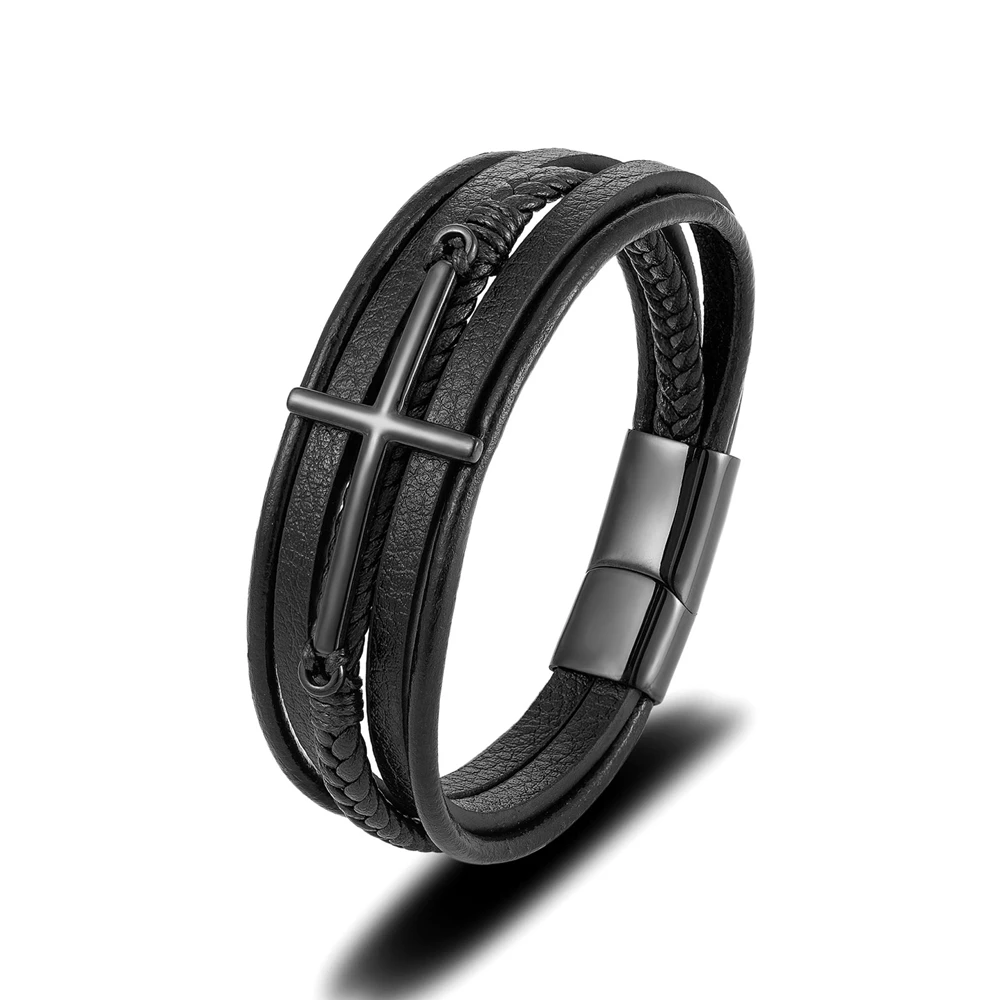 MKENDN Punk Style Multicolor Cross Bracelet Stainless Steel Men's Multilayer Leather Hand-woven Jewelry New Year Gifts