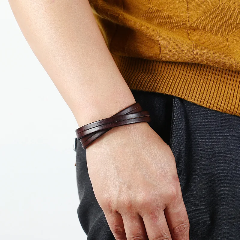 MKENDN Punk Vintage Double Strand Black Brown Real Genuine Cow Leather Charm Unisex Buckle Bracelet For Men Women Jewelry Gifts