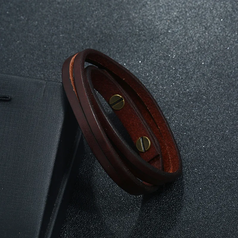 MKENDN Punk Vintage Double Strand Black Brown Real Genuine Cow Leather Charm Unisex Buckle Bracelet For Men Women Jewelry Gifts