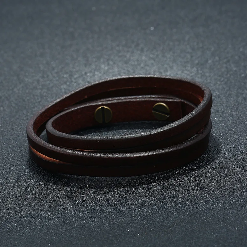 MKENDN Punk Vintage Double Strand Black Brown Real Genuine Cow Leather Charm Unisex Buckle Bracelet For Men Women Jewelry Gifts