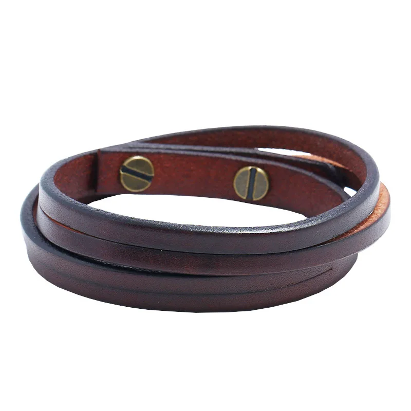 MKENDN Punk Vintage Double Strand Black Brown Real Genuine Cow Leather Charm Unisex Buckle Bracelet For Men Women Jewelry Gifts