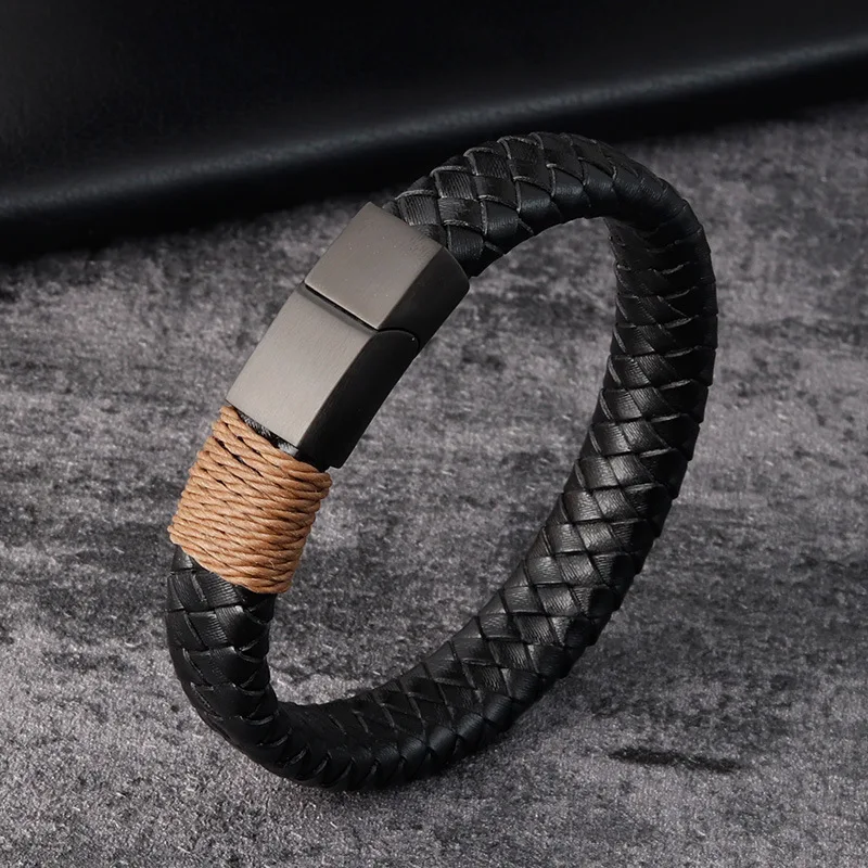 MKENDN Vintage Leather Bracelet Punk Black Stainless Steel Magnetic Clasp Braided Bangle for Men Trendy Male Jewelry Party Gift