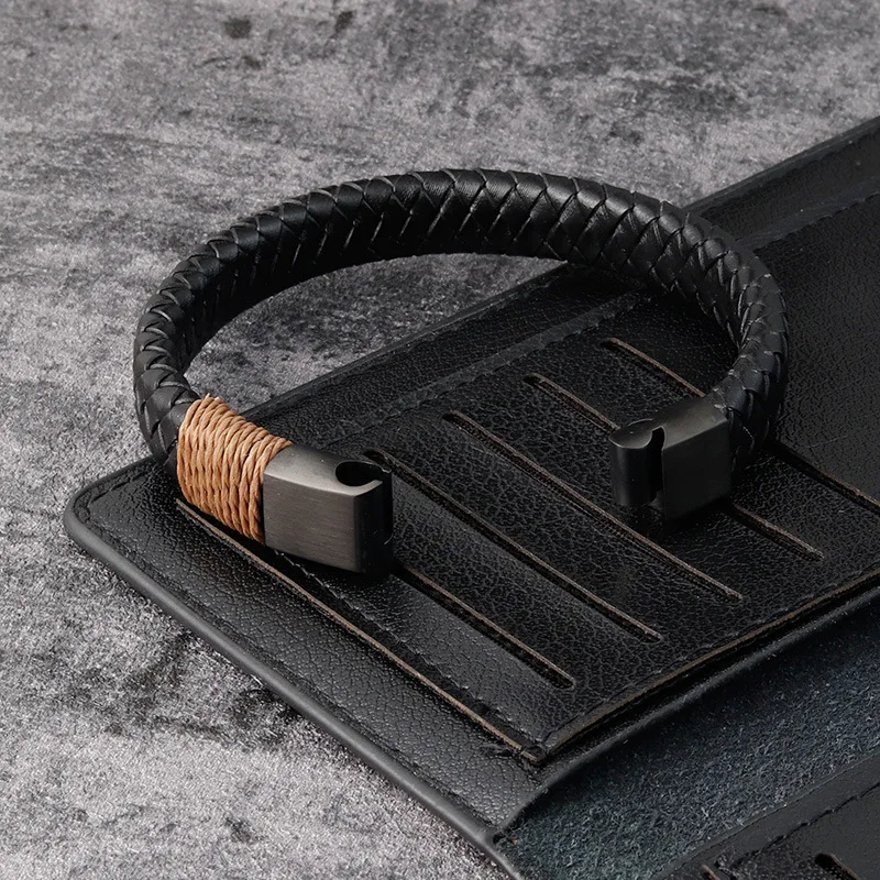 MKENDN Vintage Leather Bracelet Punk Black Stainless Steel Magnetic Clasp Braided Bangle for Men Trendy Male Jewelry Party Gift