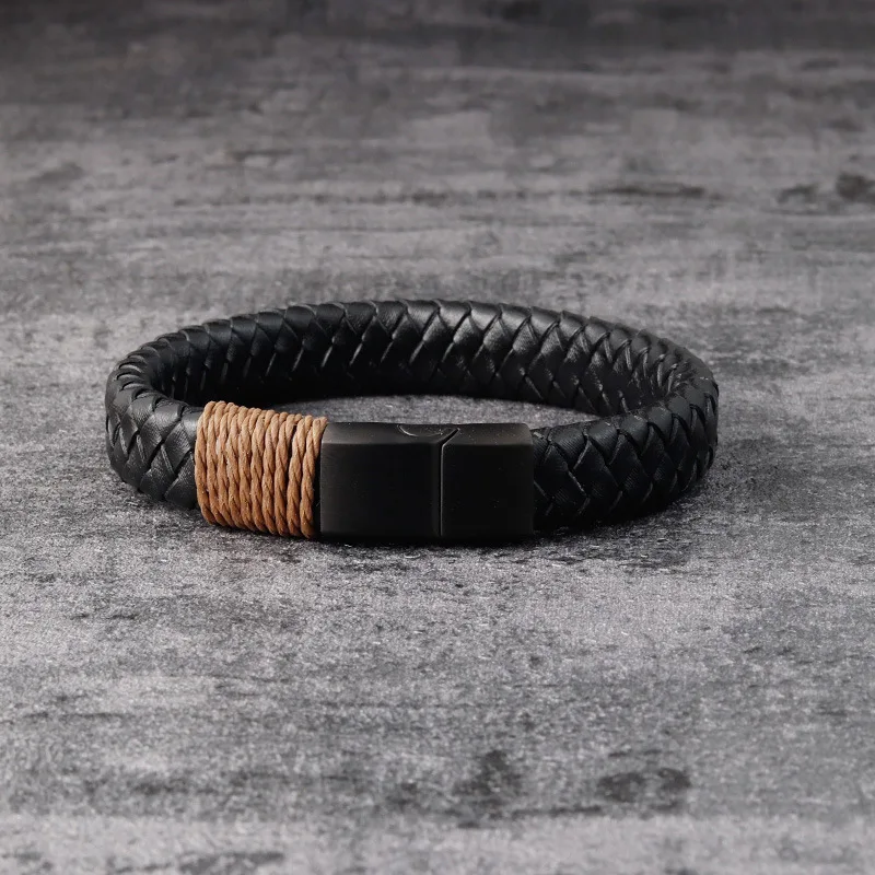 MKENDN Vintage Leather Bracelet Punk Black Stainless Steel Magnetic Clasp Braided Bangle for Men Trendy Male Jewelry Party Gift