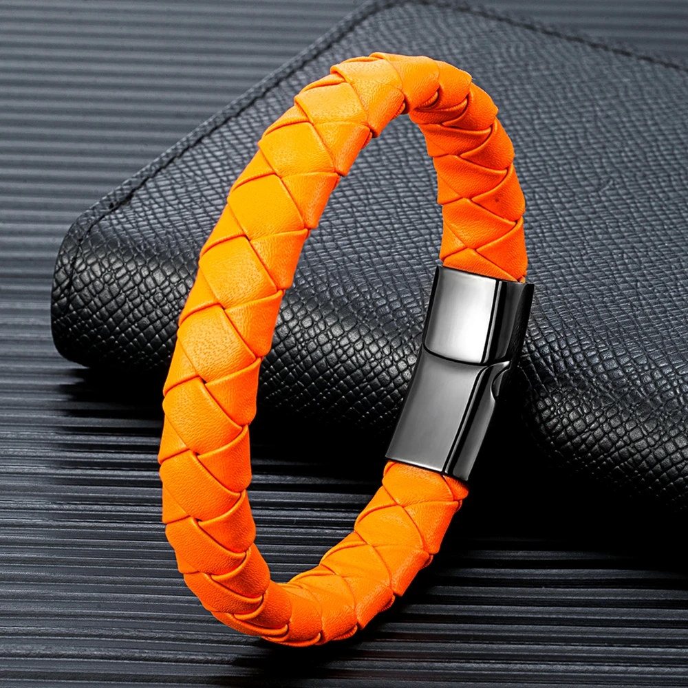 Bold orange braided leather bracelet with black magnetic stainless steel clasp