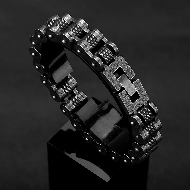 Men’s stainless steel biker chain bracelet with matte black industrial finish