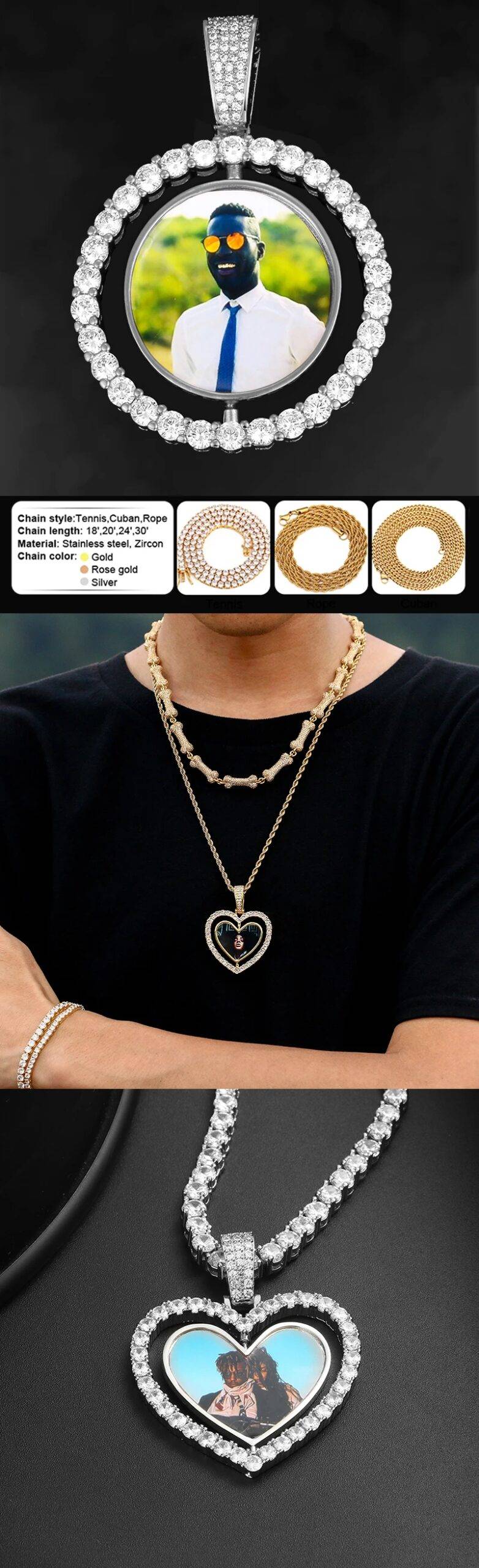 Custom Photo Medallions Double-Sided Pendant Necklace Hip Hop Jewelry Iced Out Bling Zirconia