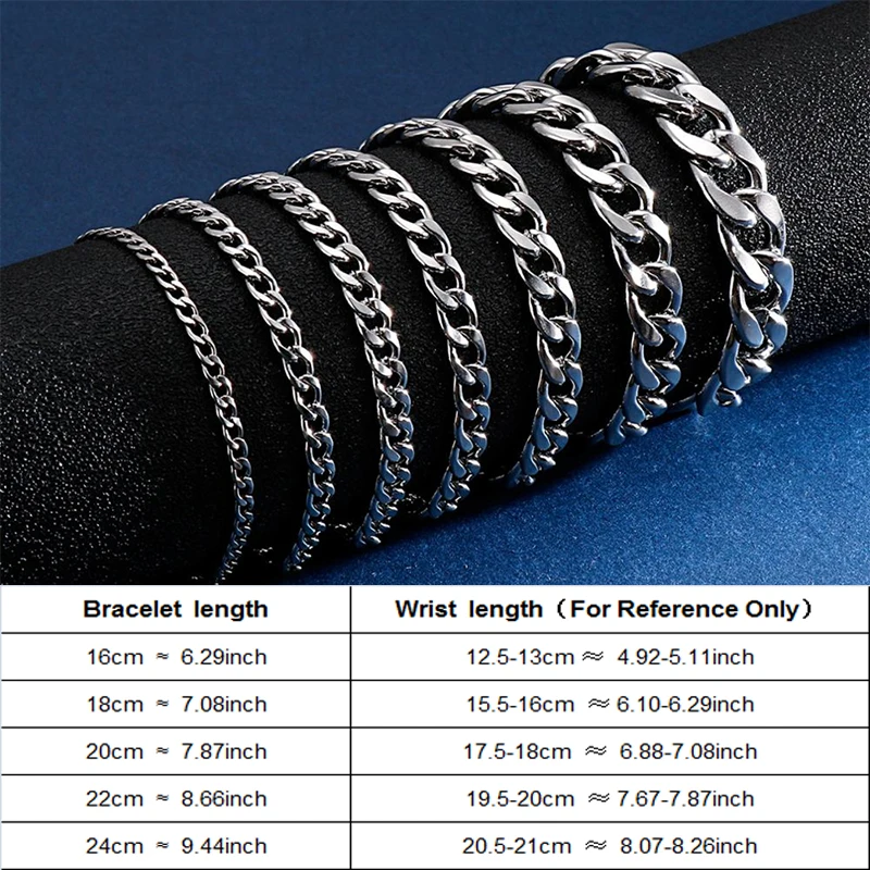 3/4/5/6/8/9/11mm Stainless Steel Classic Cuban Curb Chain Bracelet