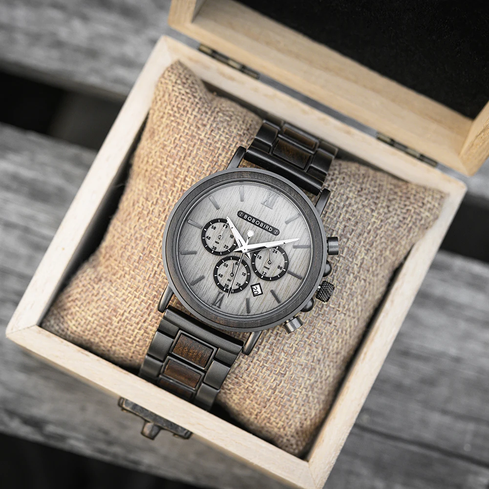 Bobo Bird Luxury Stainless Steel Wooden Watch