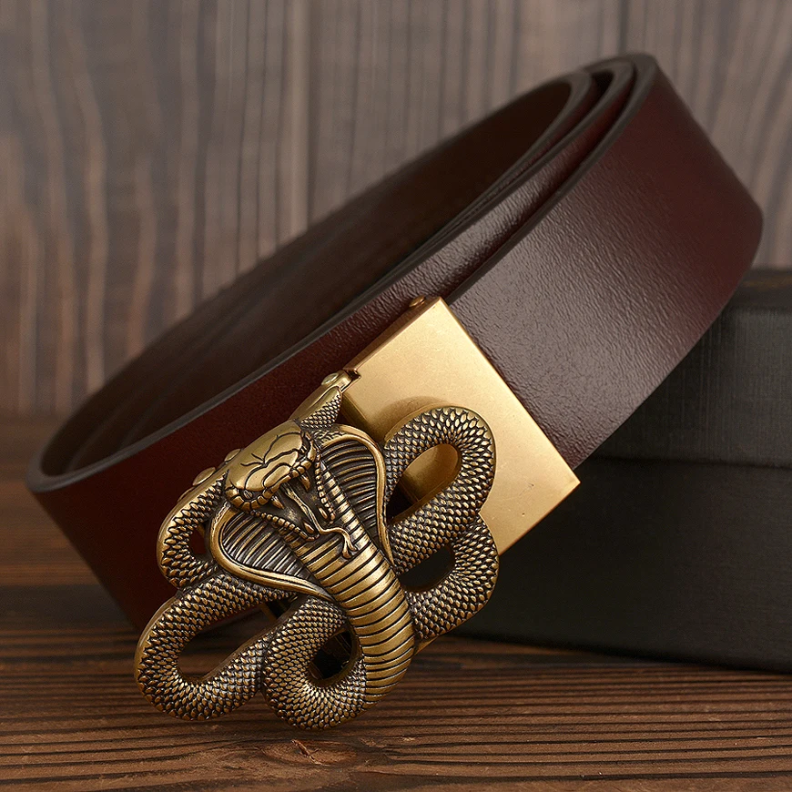 Luxury Snake Buckle Leather Mens Automatic Belt