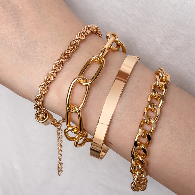 4pcs Punk Curb Cuban Chain Bracelets Set Women