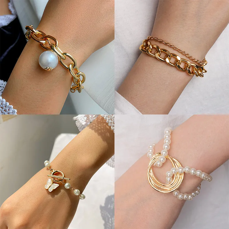 4pcs Punk Curb Cuban Chain Bracelets Set Women