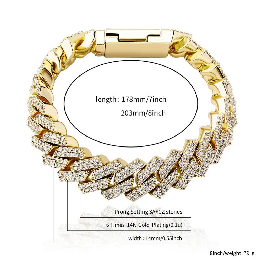 12/14mm Iced Out Cubic Zirconia Cuban Chain Bracelet