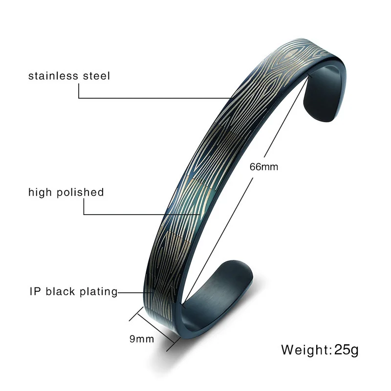9mm Black Stainless Steel Men's Cuff Bracelet