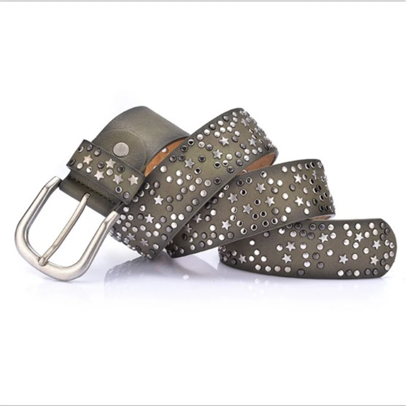 Women Rivet Studded Wide Belt Pin Buckle