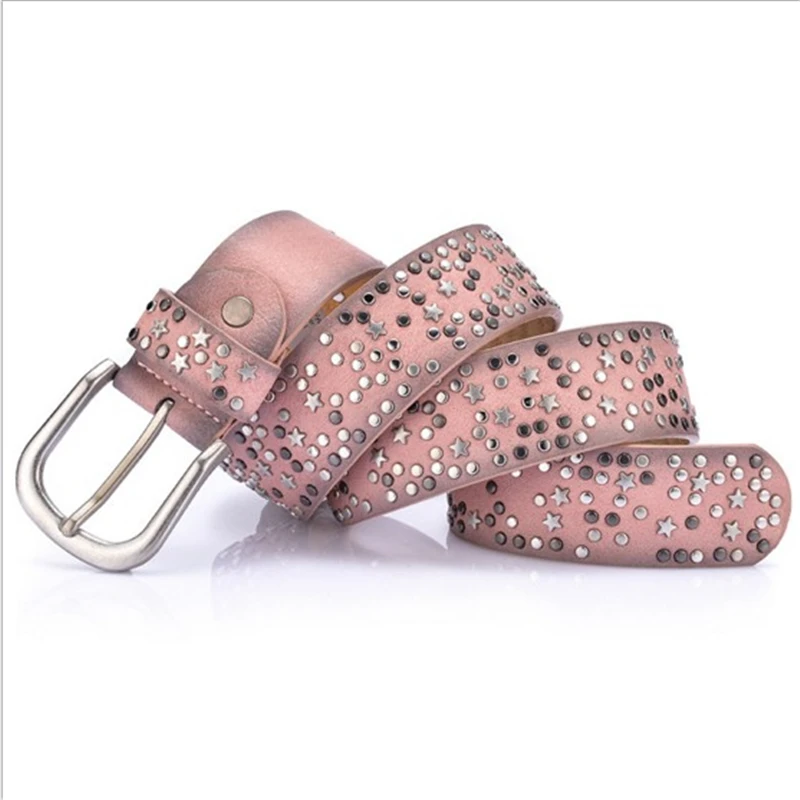 Women Rivet Studded Wide Belt Pin Buckle