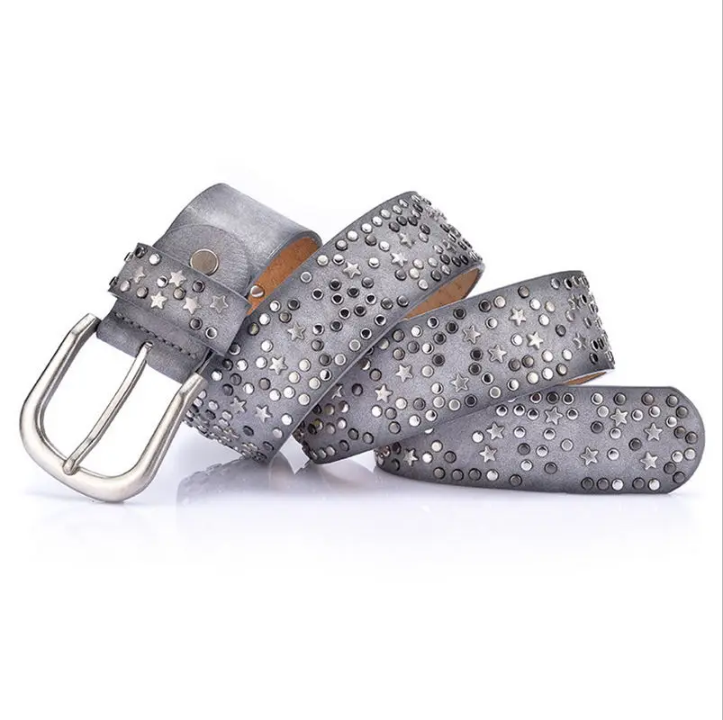 Women Rivet Studded Wide Belt Pin Buckle