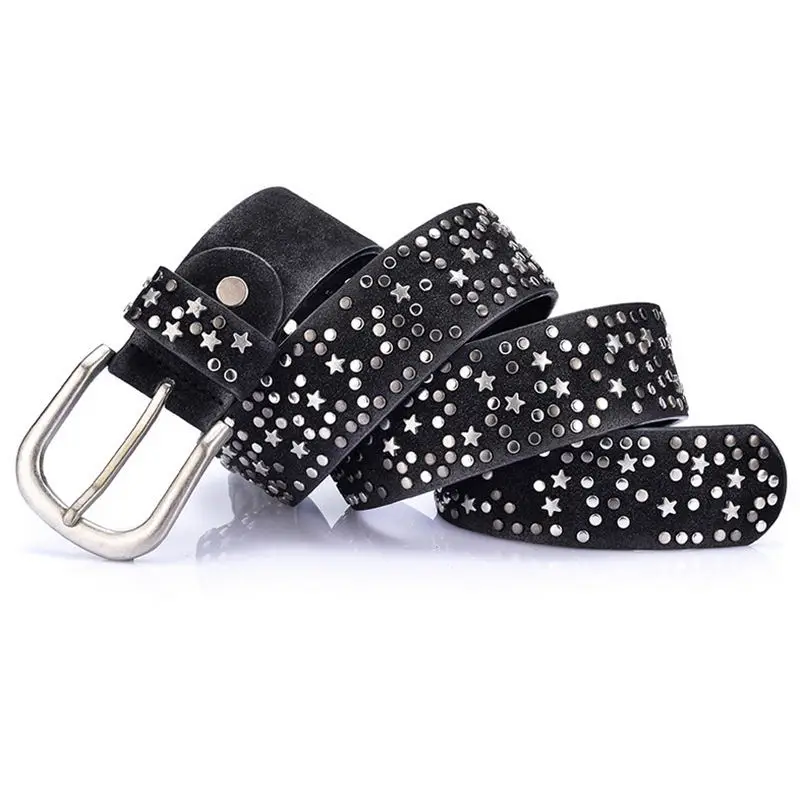 Women Rivet Studded Wide Belt Pin Buckle
