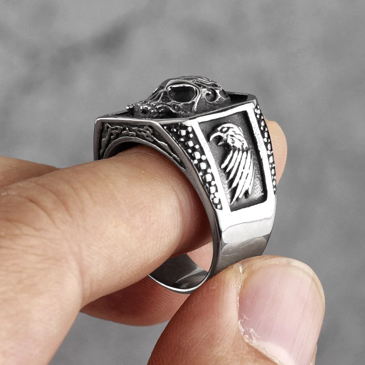 Stainless Steel Antique Style Gothic Skull Eagle Ring