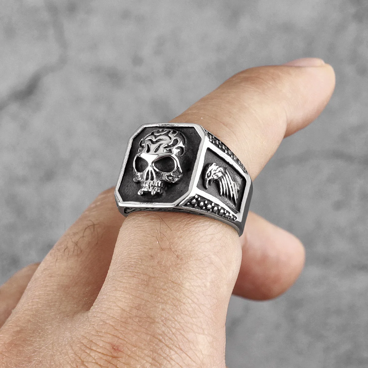 Stainless Steel Antique Style Gothic Skull Eagle Ring