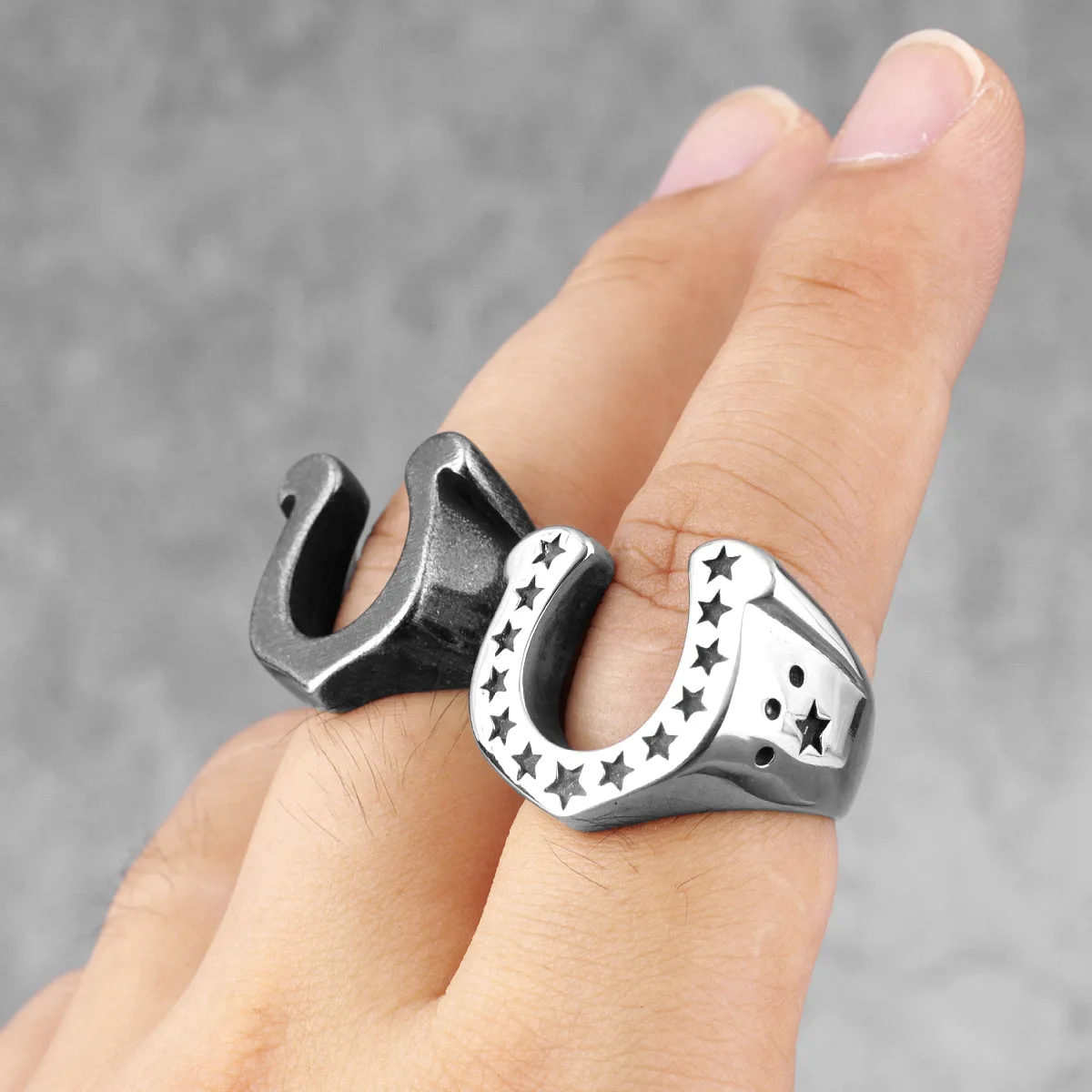 Horseshoe U Shaped Star Black Stainless Steel Ring