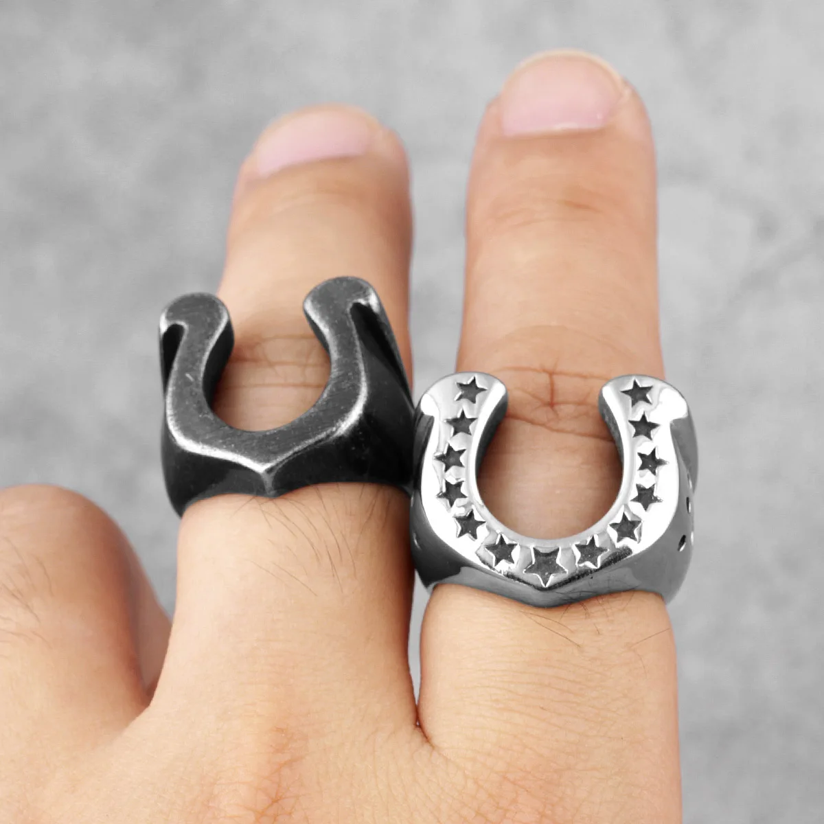 Horseshoe U Shaped Star Black Stainless Steel Ring