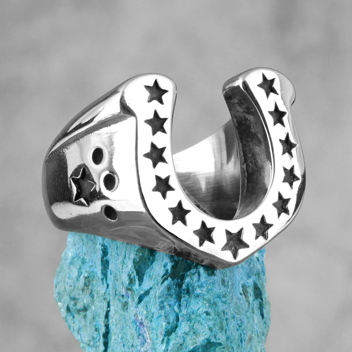 Horseshoe U Shaped Star Black Stainless Steel Ring