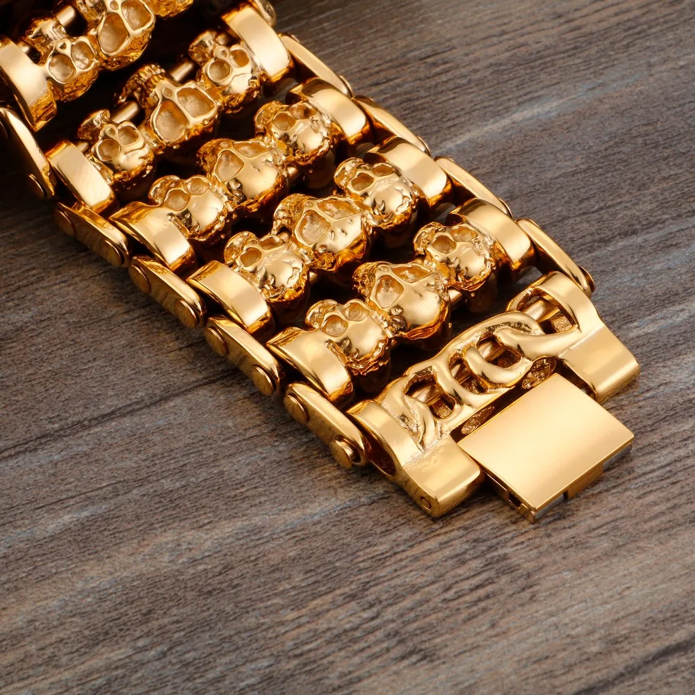 Punk Mens Stainless Steel Multiple Skull Bracelet