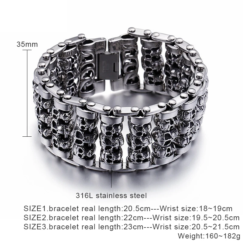 Punk Mens Stainless Steel Multiple Skull Bracelet