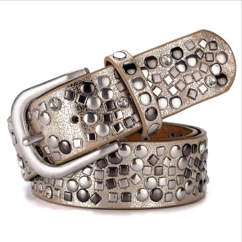 Womens Retro PU Crystal Studded Rivets Belt