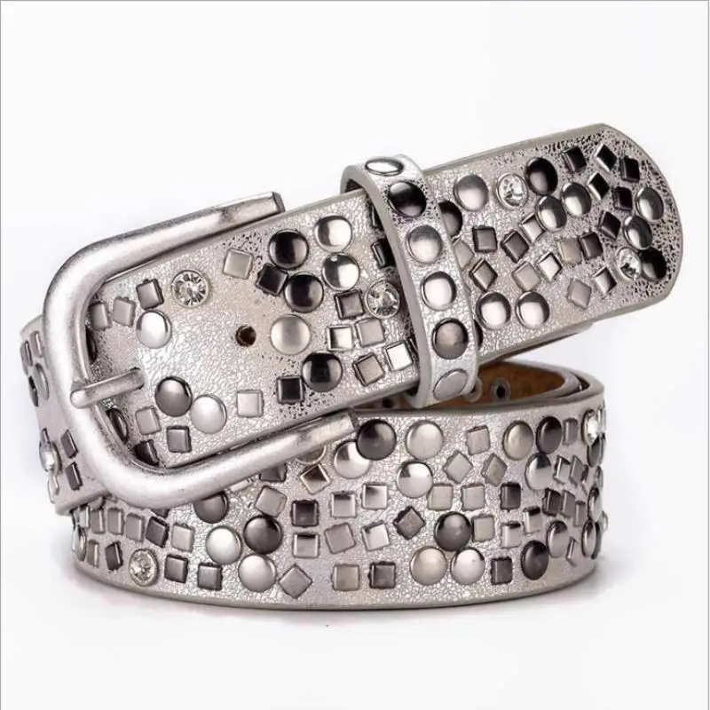Womens Retro PU Crystal Studded Rivets Belt