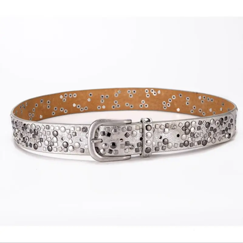 Womens Retro PU Crystal Studded Rivets Belt