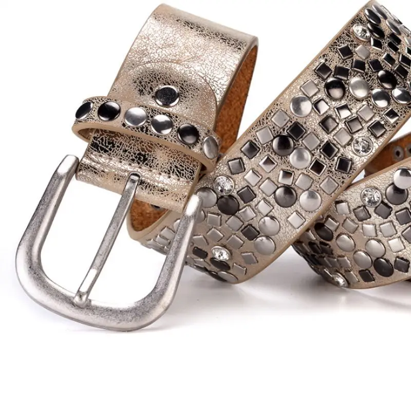 Womens Retro PU Crystal Studded Rivets Belt