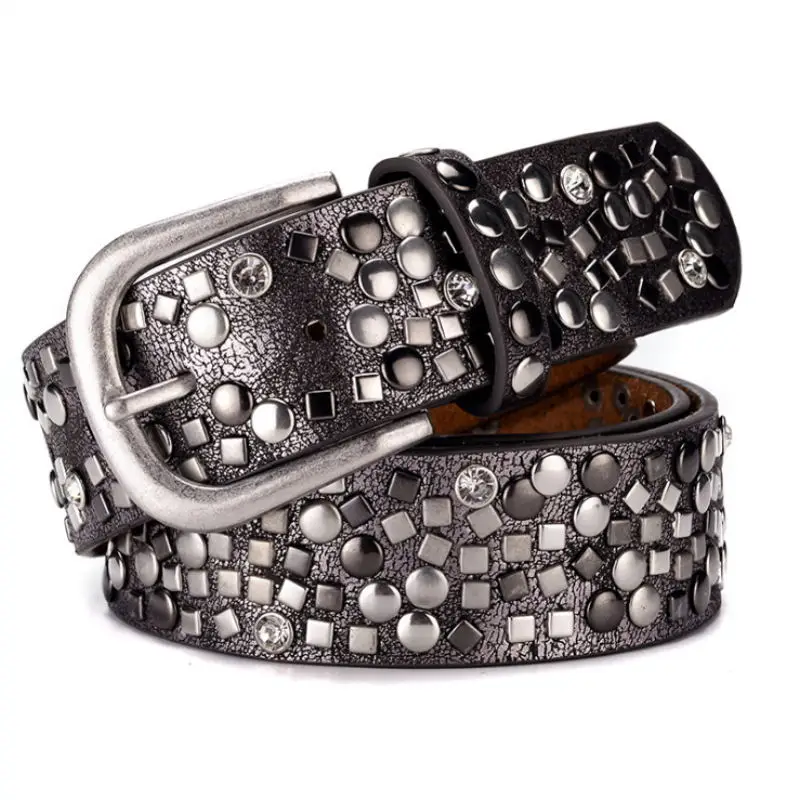 Womens Retro PU Crystal Studded Rivets Belt