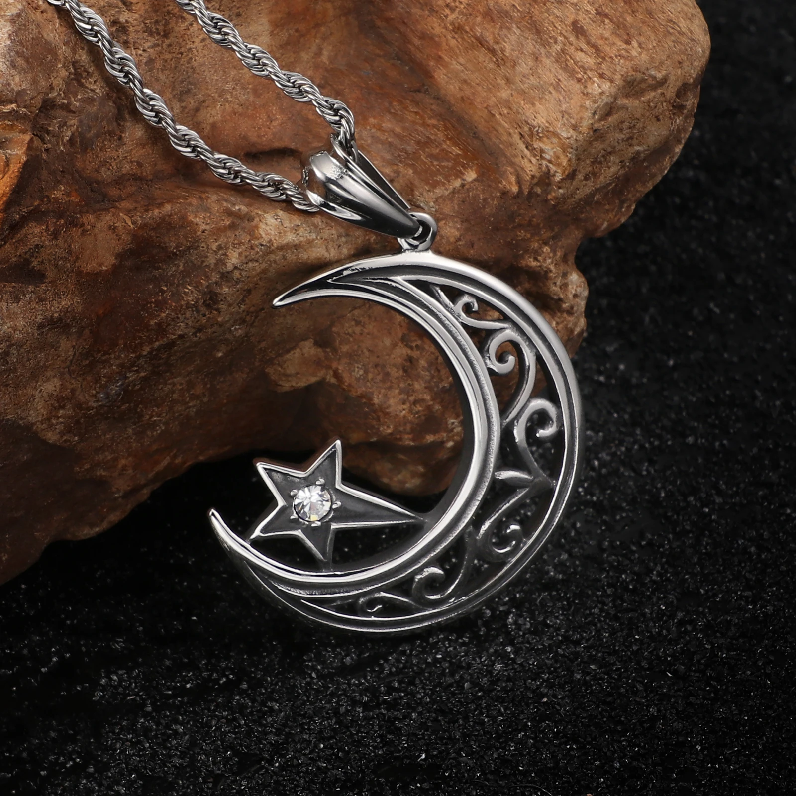 Stainless Steel Crescent Moon Star Phase Pendant Necklace