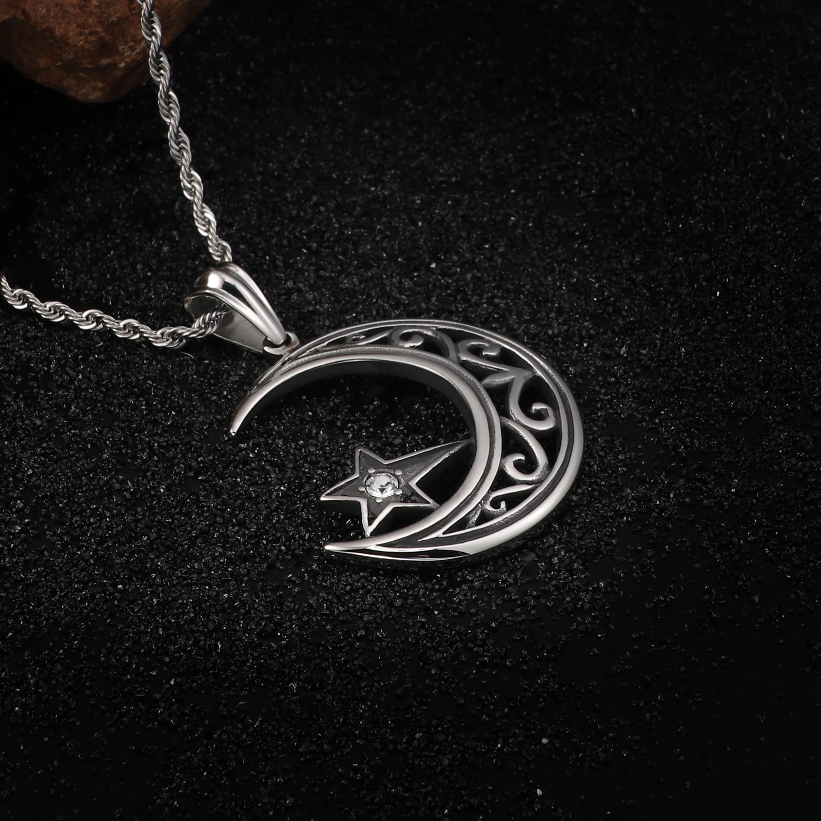 Stainless Steel Crescent Moon Star Phase Pendant Necklace