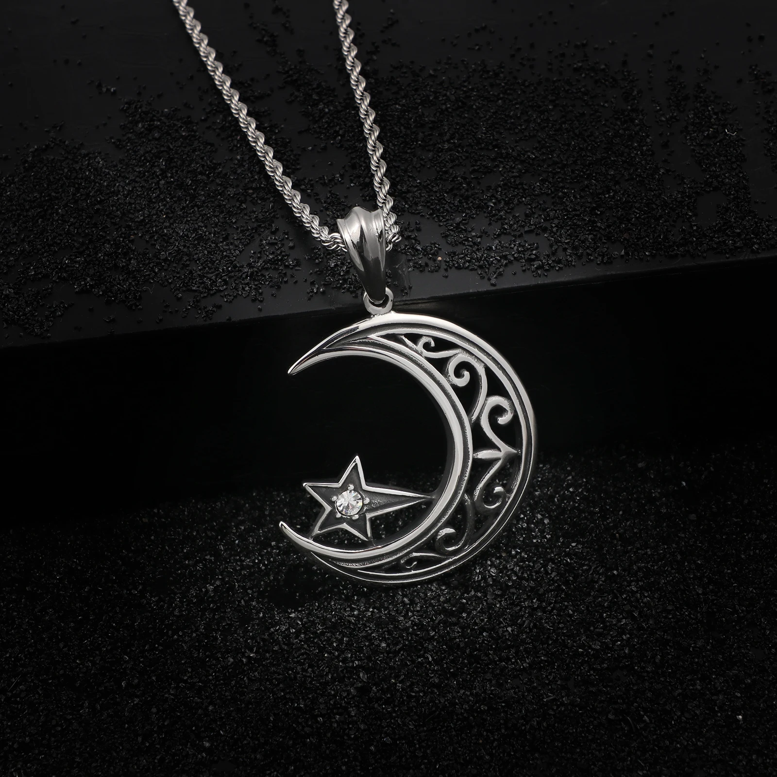 Stainless Steel Crescent Moon Star Phase Pendant Necklace