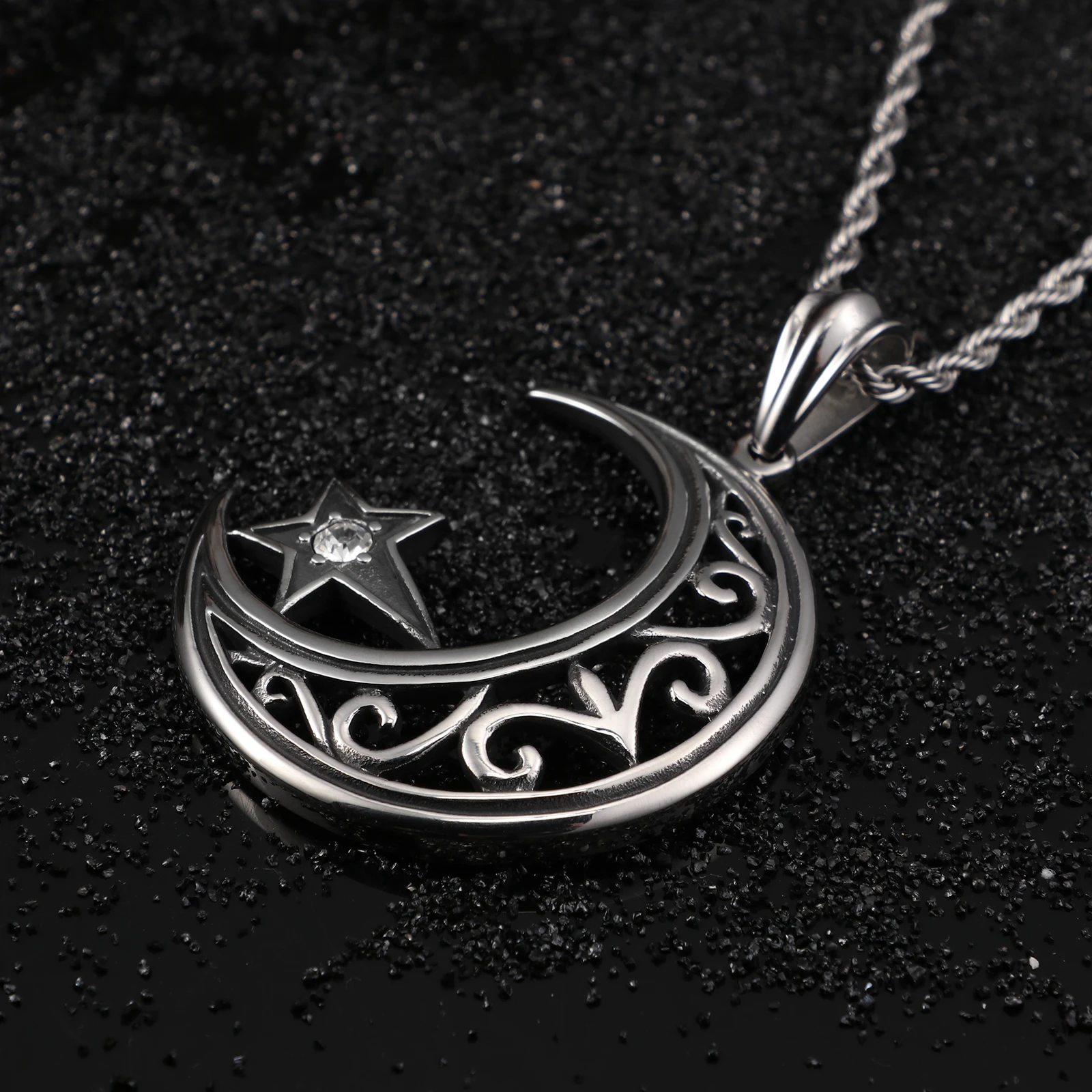 Stainless Steel Crescent Moon Star Phase Pendant Necklace