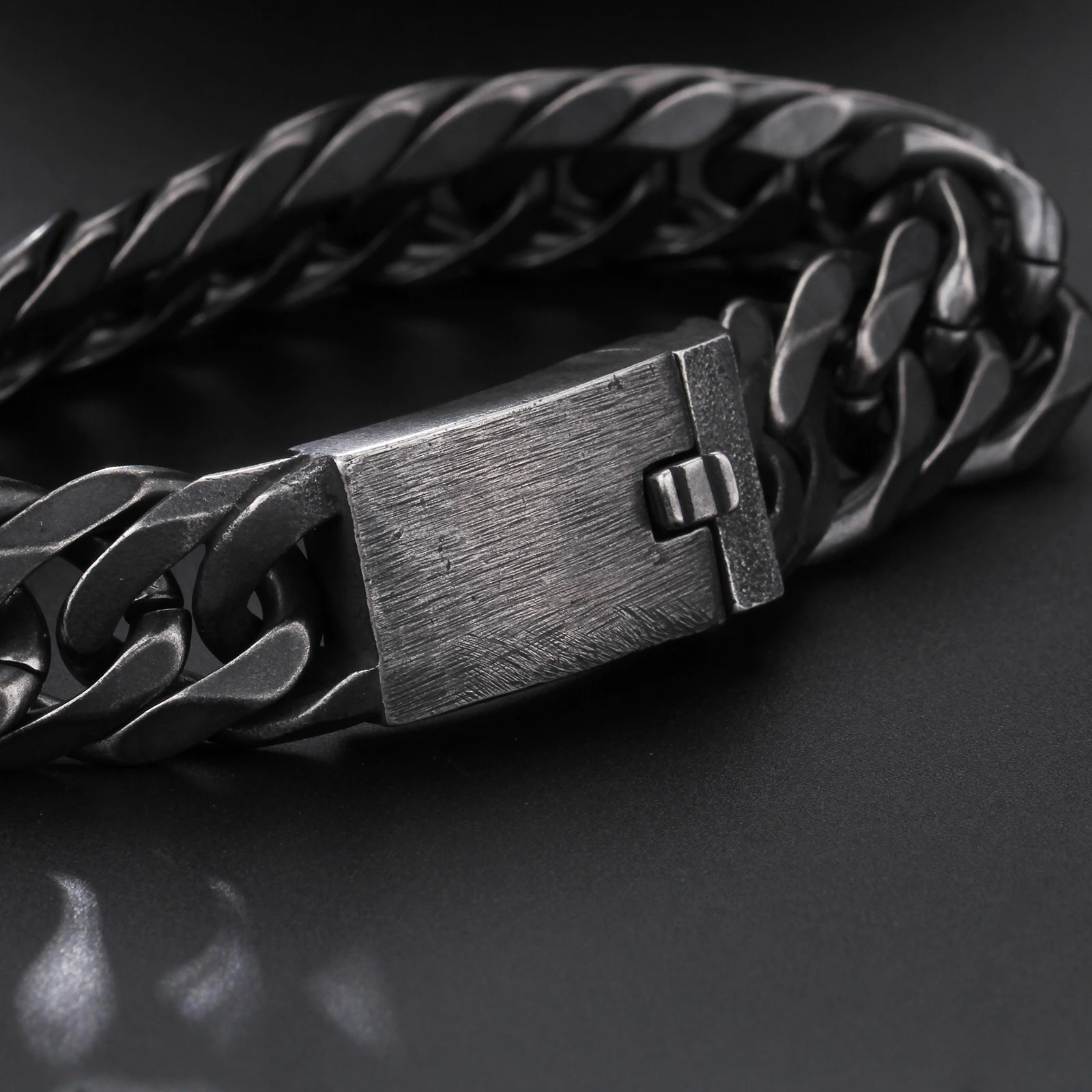 Retro Black Bracelet Cuban Stainless Steel Chain Wide Bracelets