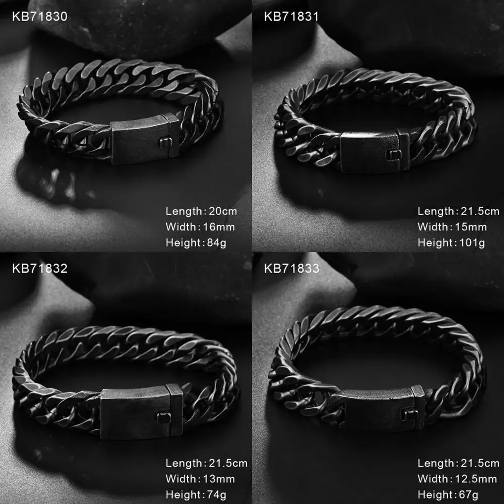 Retro Black Bracelet Cuban Stainless Steel Chain Wide Bracelets