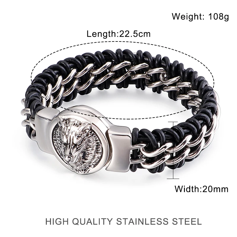 Antique Wolf Head Leather Stainless Steel Bracelet