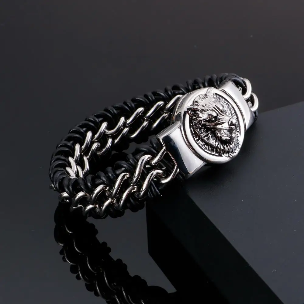 Antique Wolf Head Leather Stainless Steel Bracelet