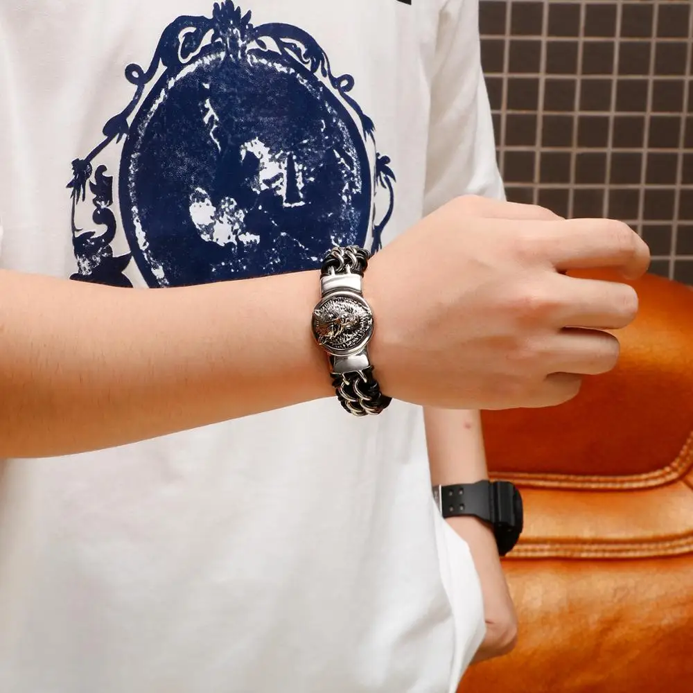 Antique Wolf Head Leather Stainless Steel Bracelet