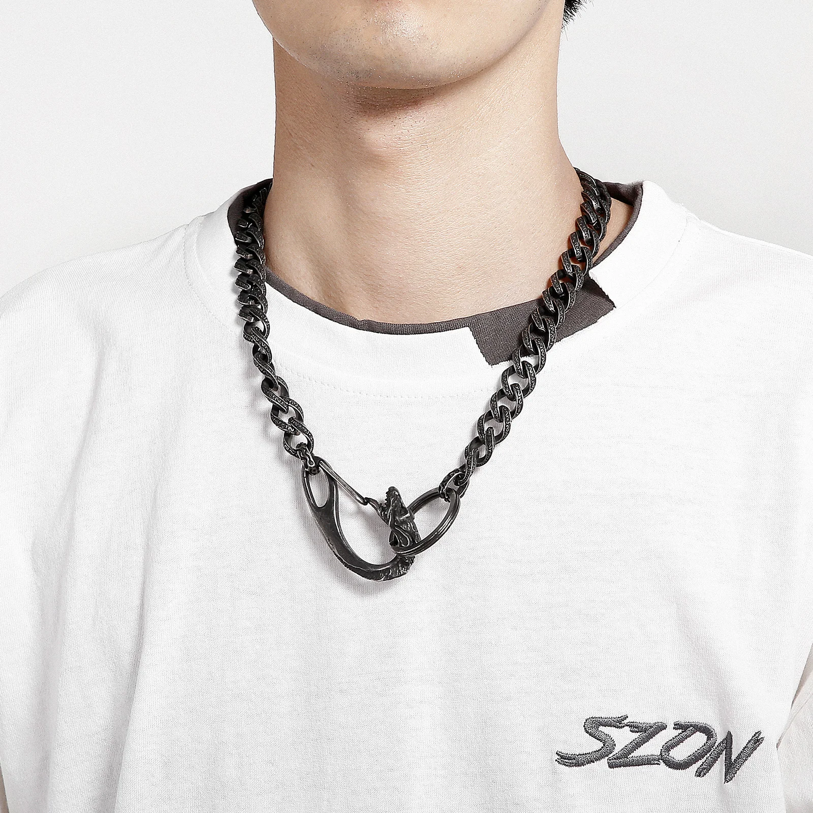 Mens Cuban Link Black Chain with Dragon Head Charm