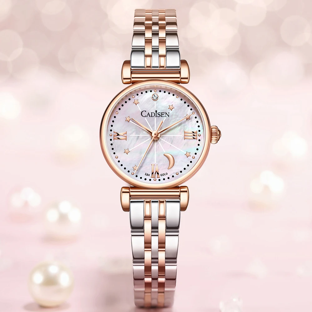 18K GOLD Womens Stainless Steel Bracelet Pearle Dial Watch