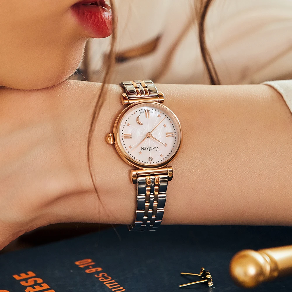 18K GOLD Womens Stainless Steel Bracelet Pearle Dial Watch