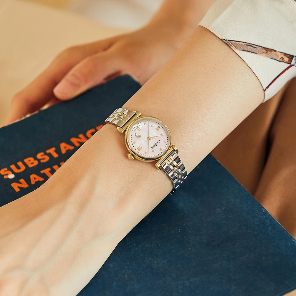18K GOLD Womens Stainless Steel Bracelet Pearle Dial Watch